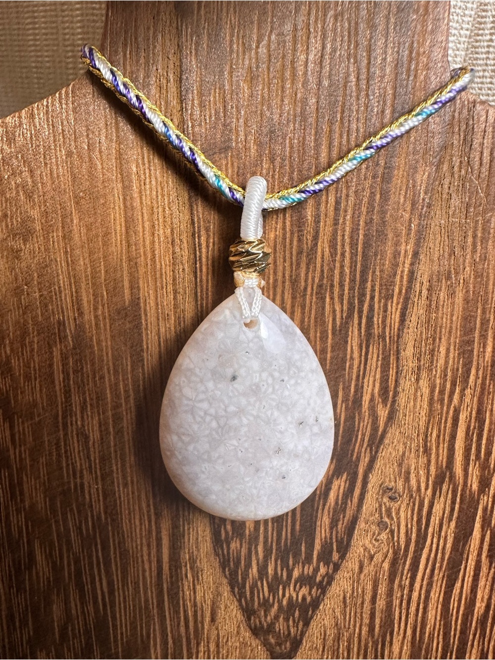 White Coral Fossil Teardrop Pendant Necklace on Blue and Gold Rope - Picture 3 of 13